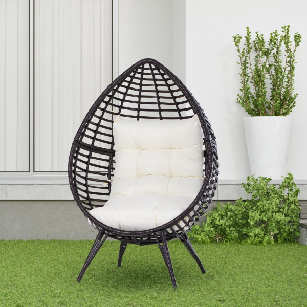 Outsunny Poltrona de Exterior de Vime com Almofada Estilo Moderno Forma de Lágrima Acolchoada Encosto 101x89x156 cm Carga 160kg Marrom e Bege - Image 2