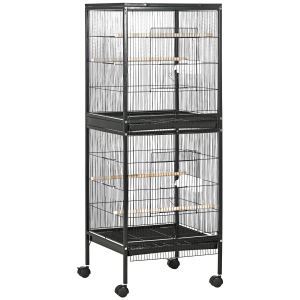 PawHut Gaiola para Pássaros com Rodas de 2 Níveis  com Bandejas Removíveis Portas Comedouros Poleiros 51,5x50x140 cm Preto