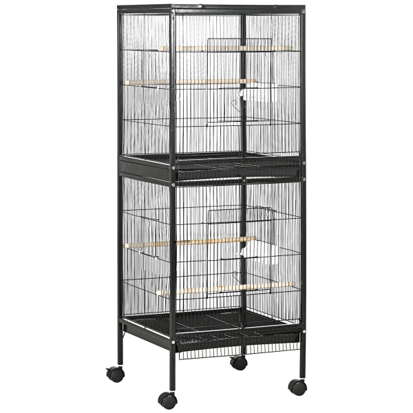 PawHut Gaiola para Pássaros com Rodas de 2 Níveis  com Bandejas Removíveis Portas Comedouros Poleiros 51,5x50x140 cm Preto