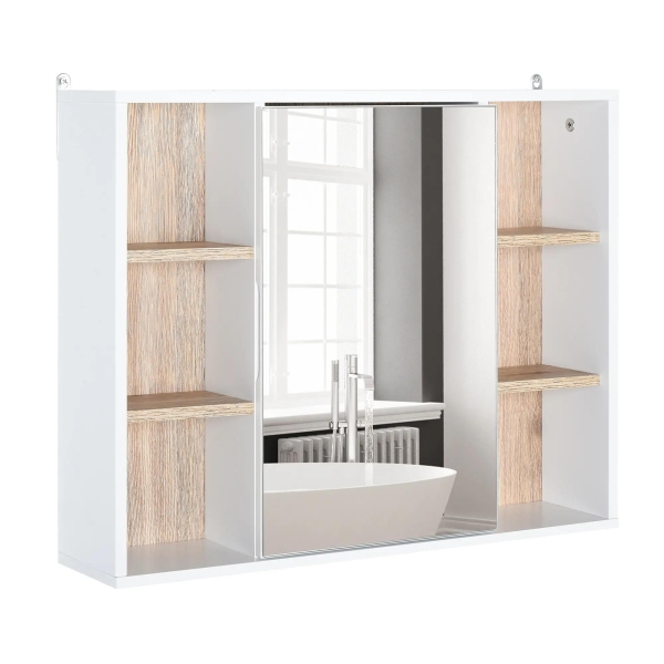 HOMCOM Armário de Espelho com Espaço Interno com Prateleiras Ajustáveis ​​Armário de Banheiro com Prateleiras Abertas 60x14,5x49,4 cm Branco e Carvalho