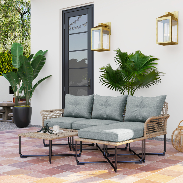 Outsunny Conjunto de Jardim em Vime Sintético Conjunto de Móveis de Exterior com Sofá de 4 Módulos 1 Mesa de Centro e Almofadas Cinza - Image 2