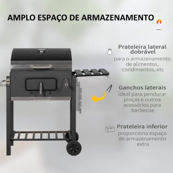 Outsunny Barbecue a Carvão com Rodas Tampa Grelhas de Aço Inoxidável Termômetro Bandeja Lateral e Prateleira 113x65x108 cm Preto - Image 8