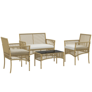 Outsunny Conjunto de Móveis de Jardim de Vime de 4 Peças de Varanda com 1 Sofá de 2 Lugares 2 Poltronas e Mesa de Centro Bege