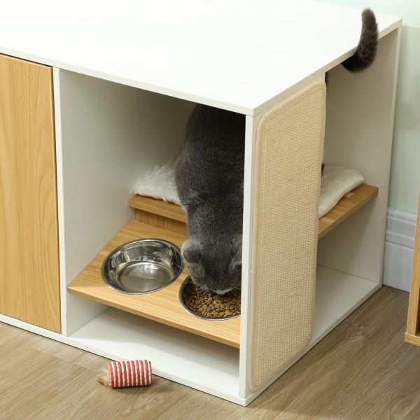 PawHut Móvel Caixa de Areia para Gatos 3 em 1 Mesa Auxiliar Caixa de Areia para Gatos com Tapete para Arranhar 95x48x50,5 cm Branco e Carvalho - Image 8