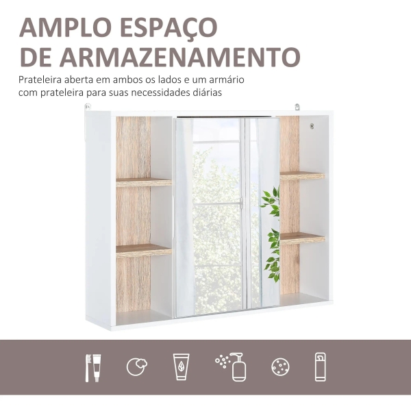 HOMCOM Armário de Espelho com Espaço Interno com Prateleiras Ajustáveis ​​Armário de Banheiro com Prateleiras Abertas 60x14,5x49,4 cm Branco e Carvalho - Image 4