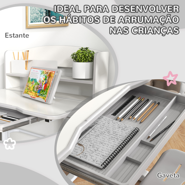 ZONEKIZ Conjunto de Secretária e Cadeira para Crianças com Altura Ajustável e Ângulo da Mesa Ajustável 80x54,5x82-104 cm Cinza e Branco - Image 5