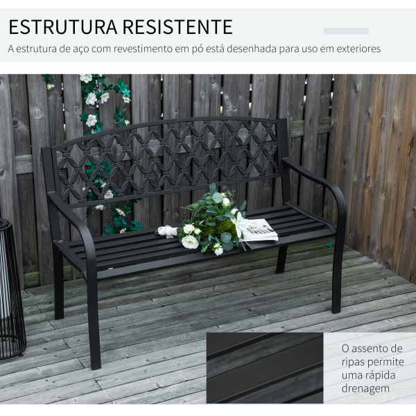 Outsunny Banco de Jardim de 2 Lugares com Encosto Decorativo e Apoio para os Braços para Terraço Varanda Pátio Exterior Carga 280kg Ferro Fundido e Aço 128x58,5x89cm Preto - Image 6
