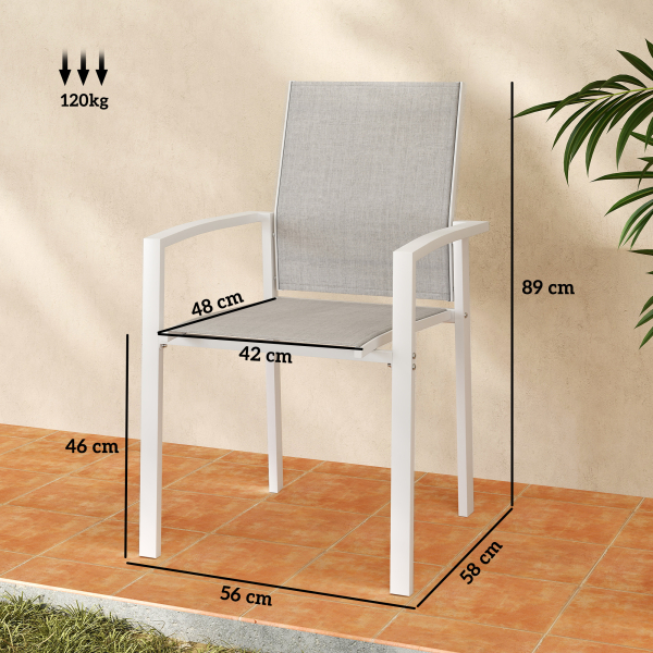 Outsunny Conjunto de 2 Cadeiras de Jardim Empilháveis com Tecido Transpirável e Estrutura em Aço 56x58x89 cm Branco e Cinzento - Image 3