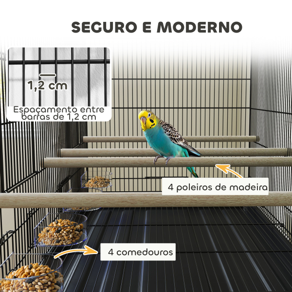 PawHut Gaiola para Pássaros com Divisória Rodas Gaiola para Aves com Comedouros Poleiros e Bandeja Removível 94x57x128 cm Preto - Image 5