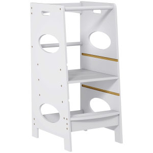 HOMCOM Torre de Aprendizagem de Madeira para Crianças com Altura Ajustável em 3 Posições e Barra de Segurança 40x50x90 cm Cinza