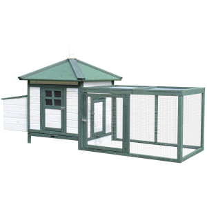 PawHut Galinheiro de Madeira de Abeto para Galinhas de Exterior com Caixa Ninho Bandeja e Espaço para Correr 196x76x97 cm Verde