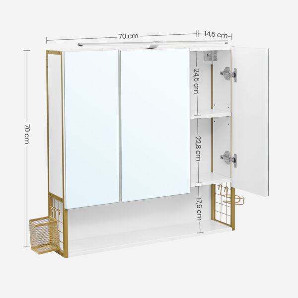Armário de casa de banho com iluminação LED e prateleiras ajustáveis. | VASAGLE | 70 x 14,5 x 70 cm | branco|dourado | BBK124A10. - Image 6