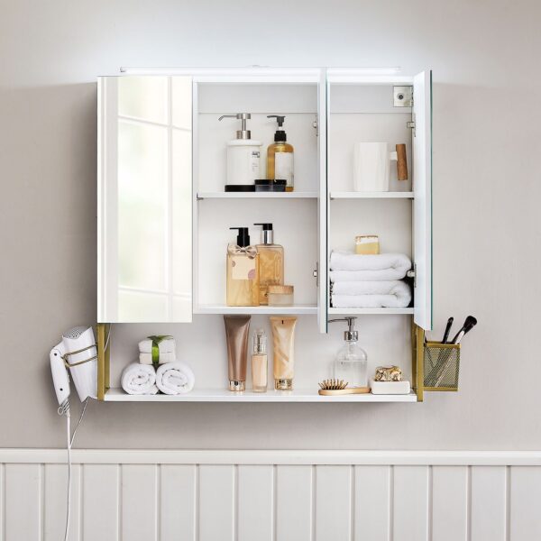 Armário de casa de banho com iluminação LED e prateleiras ajustáveis. | VASAGLE | 70 x 14,5 x 70 cm | branco|dourado | BBK124A10. - Image 7