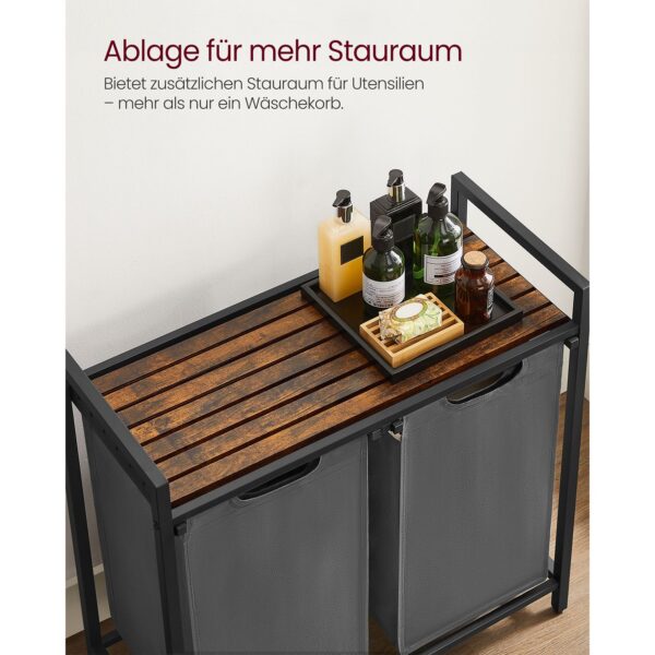 Cesto de roupa com 2 compartimentos, tecido Oxford e estrutura metálica | VASAGLE | 73 x 33 x 72 cm | cinzento | BLH201G01. - Image 7