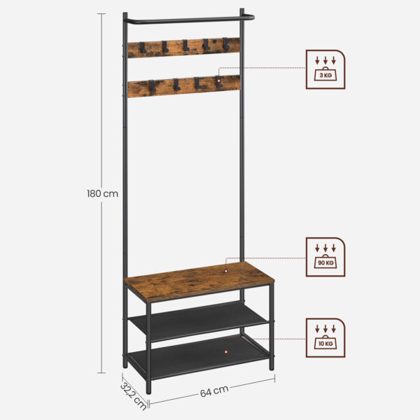 HSR411B01 Clothes Rack Coat Rack with 9 Removable Hooks Bench - Image 7