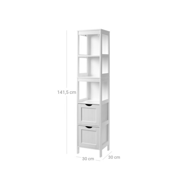 Armário alto para casa de banho com 2 gavetas e 3 prateleiras | VASAGLE | 30 x 30 x 141,5 cm | branco | BBC66WT. - Image 7