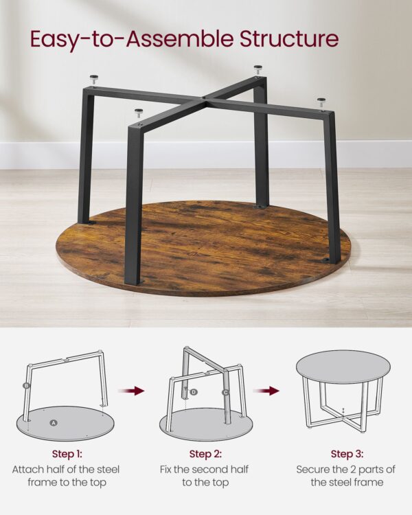 Mesa redonda de sala com estilo industrial e estrutura metálica | VASAGLE | 88 x 88 x 47 cm | castanho rústico e preto | LCT88X. - Image 6