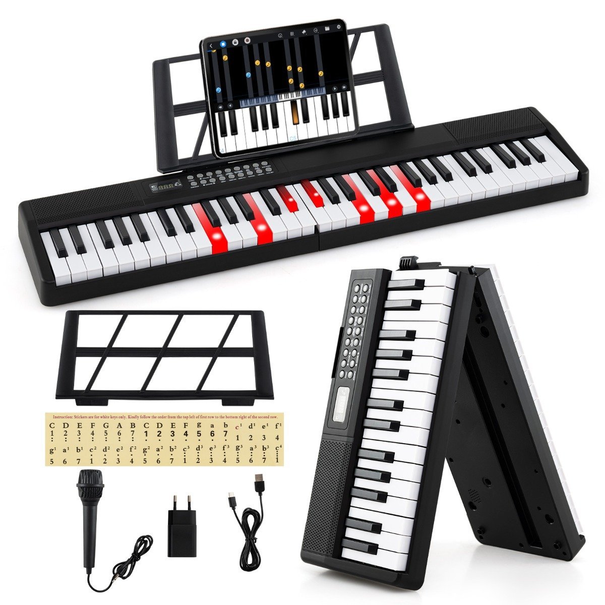 Teclado de piano dobrável com 61 teclas, função de divisão, 3 modos de aprendizagem e teclado com microfone.