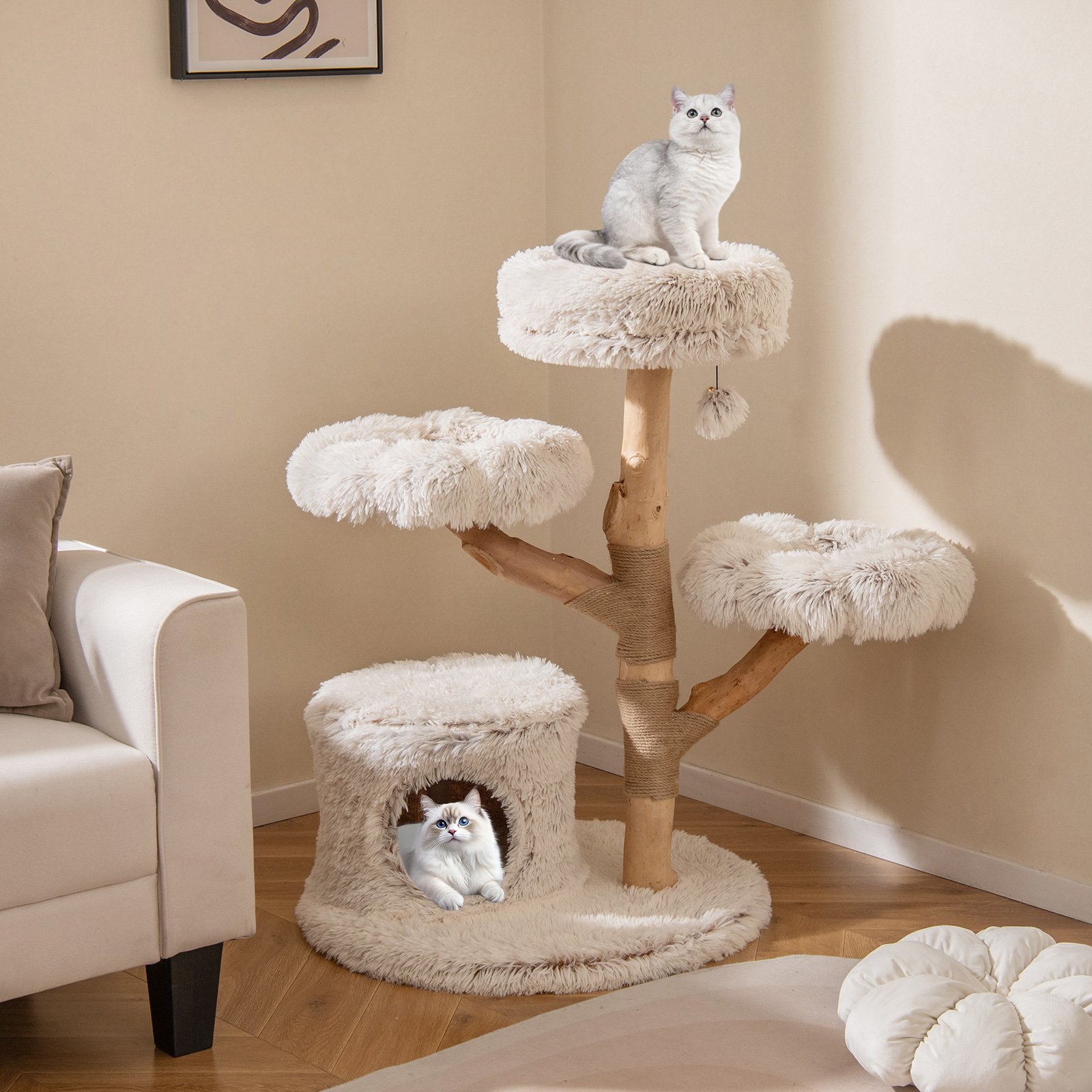 Árvore para gatos moderna de 102 cm de altura com tronco de madeira maciça e torre de escalada com bola suspensa para gatos.