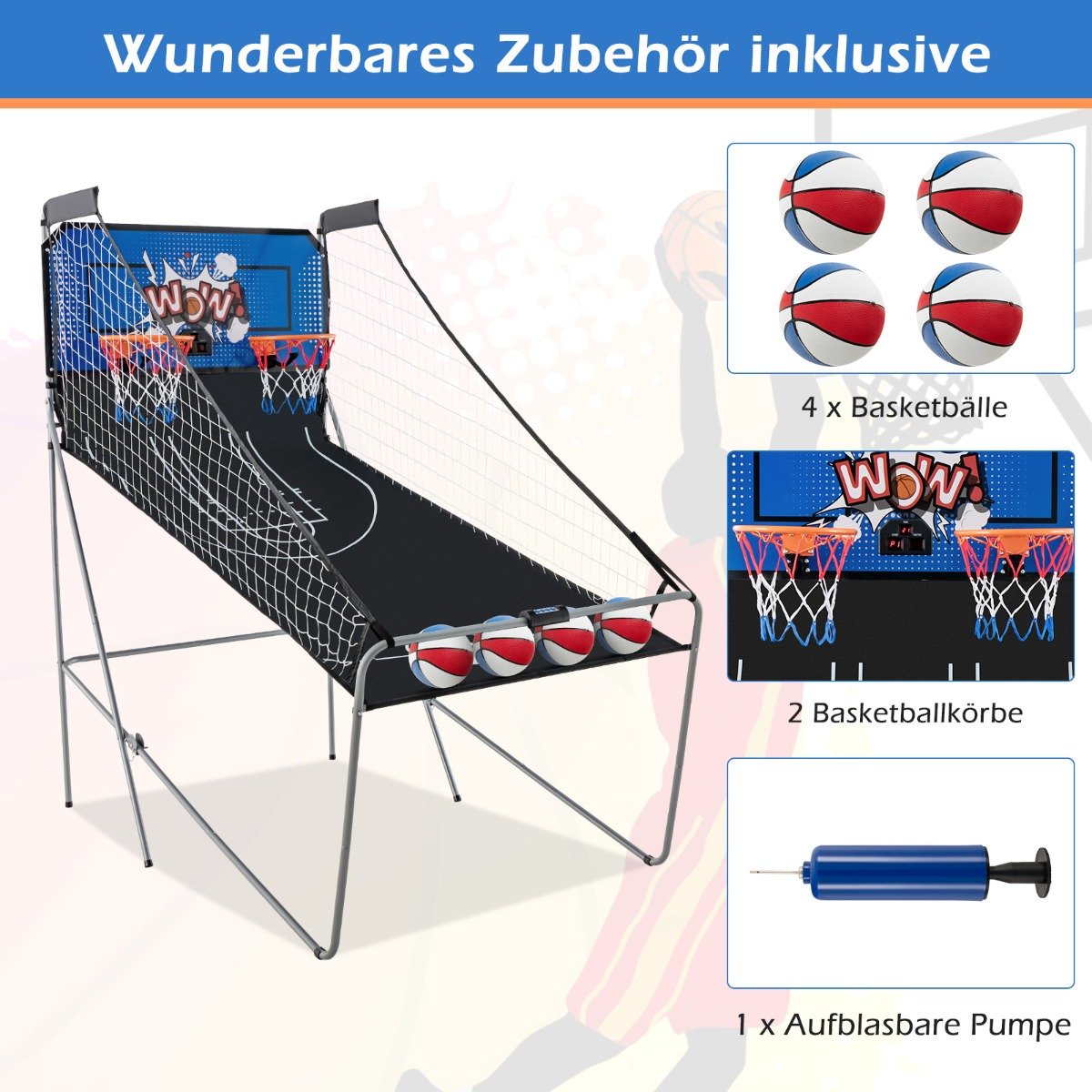 Máquina de Basquete 8 em 1 Dobrável Elétrica com Suporte para Arremesso Azul - Image 3