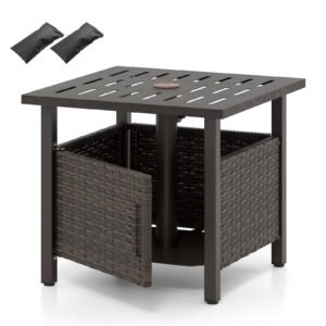 Mesa lateral para exterior com 2 sacos de areia com peso e orifício para guarda-sol de 4,9 cm - Castanho
