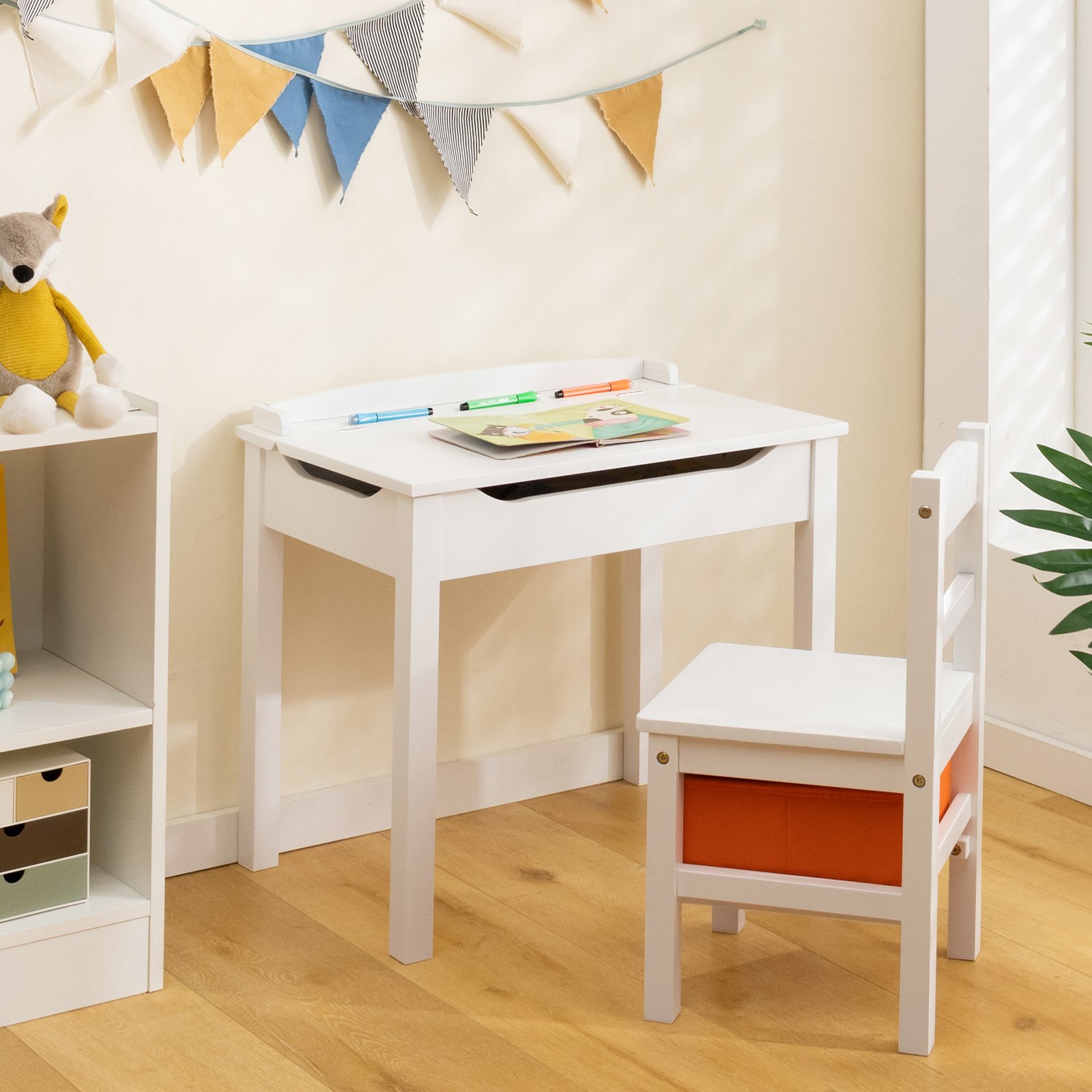 Conjunto de mesa infantil 3 em 1 e 2 cadeiras, mesa de 2 lados (preto e branco) com função de armazenamento em madeira colorida - Image 2