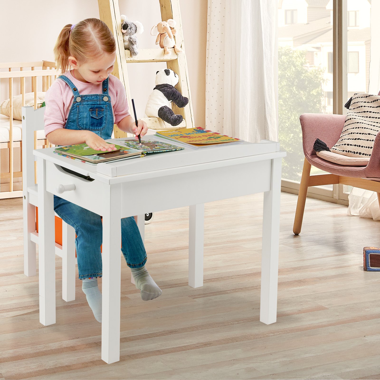 Conjunto de mesa infantil 3 em 1 e 2 cadeiras, mesa de 2 lados (preto e branco) com função de armazenamento em madeira colorida - Image 3