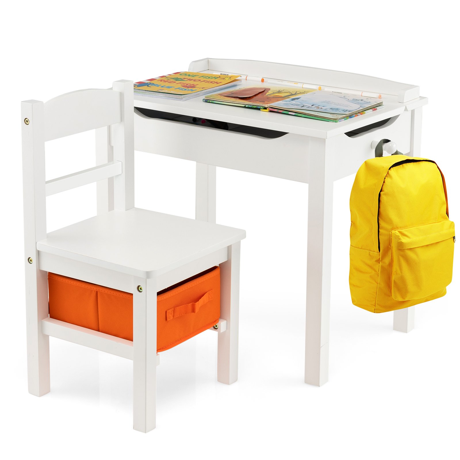 Conjunto de mesa infantil 3 em 1 e 2 cadeiras, mesa de 2 lados (preto e branco) com função de armazenamento em madeira colorida