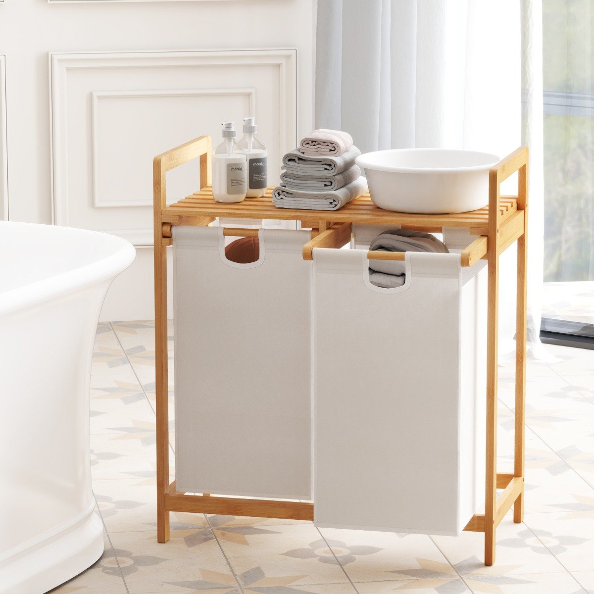 Cesto de roupa suja de bambu com compartimento duplo, cesto de roupa com 2 seções e sacos removíveis, branco - Image 2