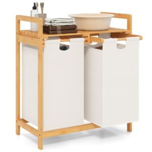 Cesto de roupa suja de bambu com compartimento duplo, cesto de roupa com 2 seções e sacos removíveis, branco