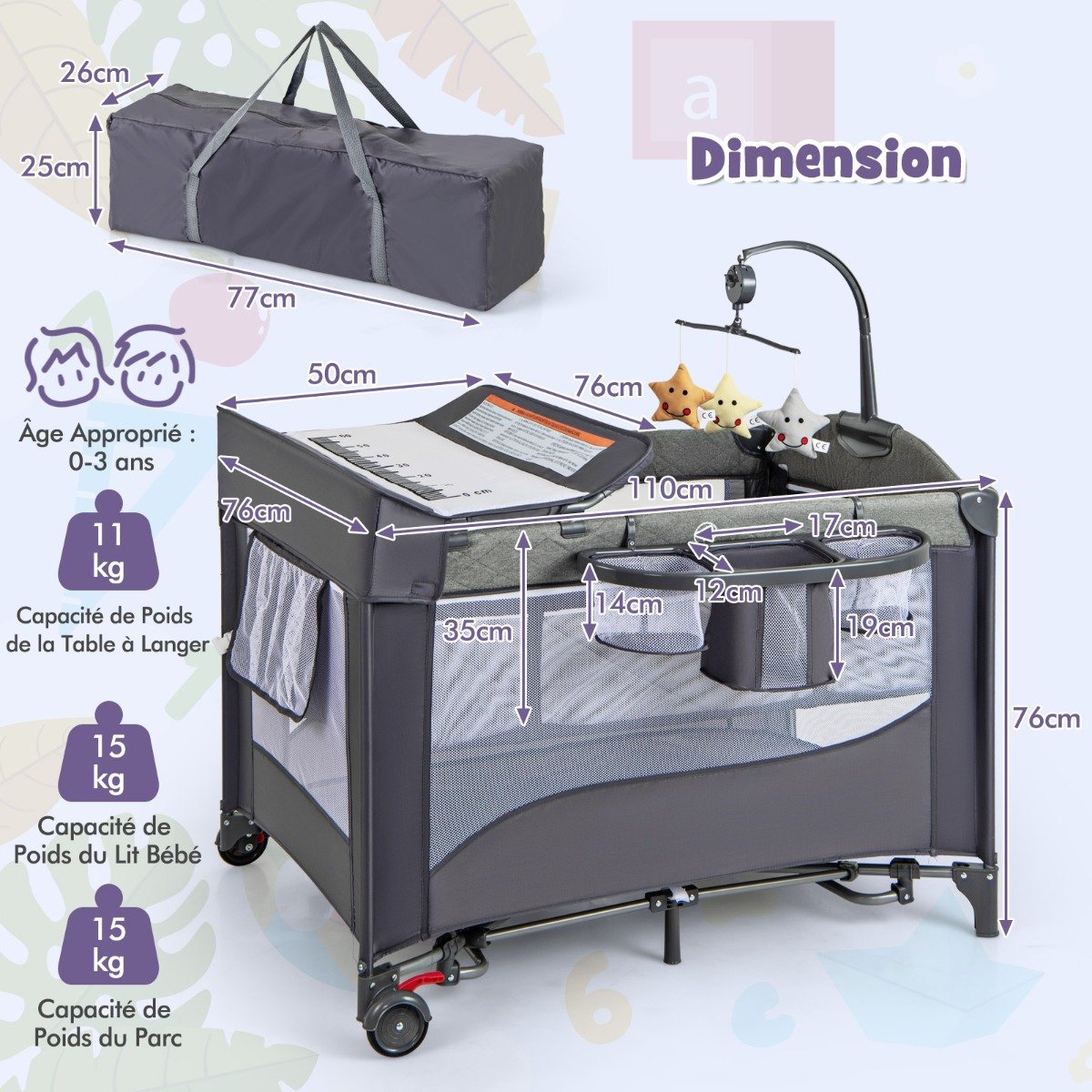 Berço portátil 5 em 1 para bebês com colchão e trocador, conversível em cama para bebês com 4 alturas ajustáveis (5-10°), suporta até 15kg, para bebês de 0 a 9 meses, verde. - Image 2