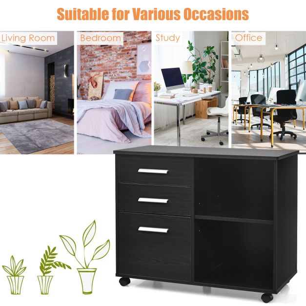 Armário de Arquivo Lateral Móvel com 3 Gavetas e Suporte para Impressora - Preto - Image 3