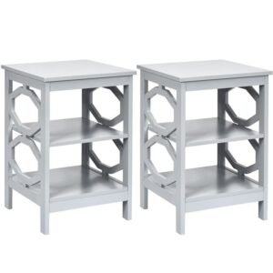 Mesa de cabeceira de 3 níveis com 2 peças, mesa lateral para sofá, prateleira de armazenamento e exposição - branca