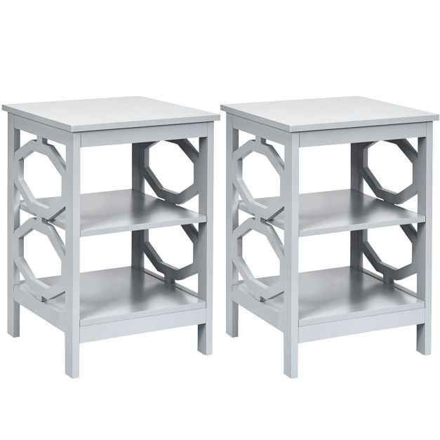 Mesa de cabeceira de 3 níveis com 2 peças, mesa lateral para sofá, prateleira de armazenamento e exposição - branca