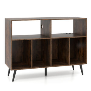 Suporte para toca-discos de 3 níveis com estação de carregamento e prateleiras para armazenamento de vinil, marrom.