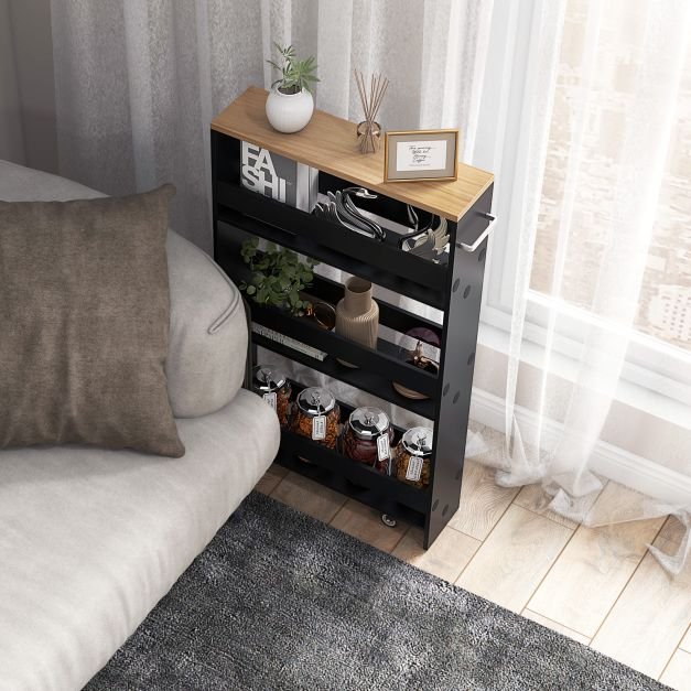 Prateleira de nicho de 4 níveis sobre rodas de madeira com alça carrinho de cozinha 48 x 13 x 81 cm cinza + natural - Image 3