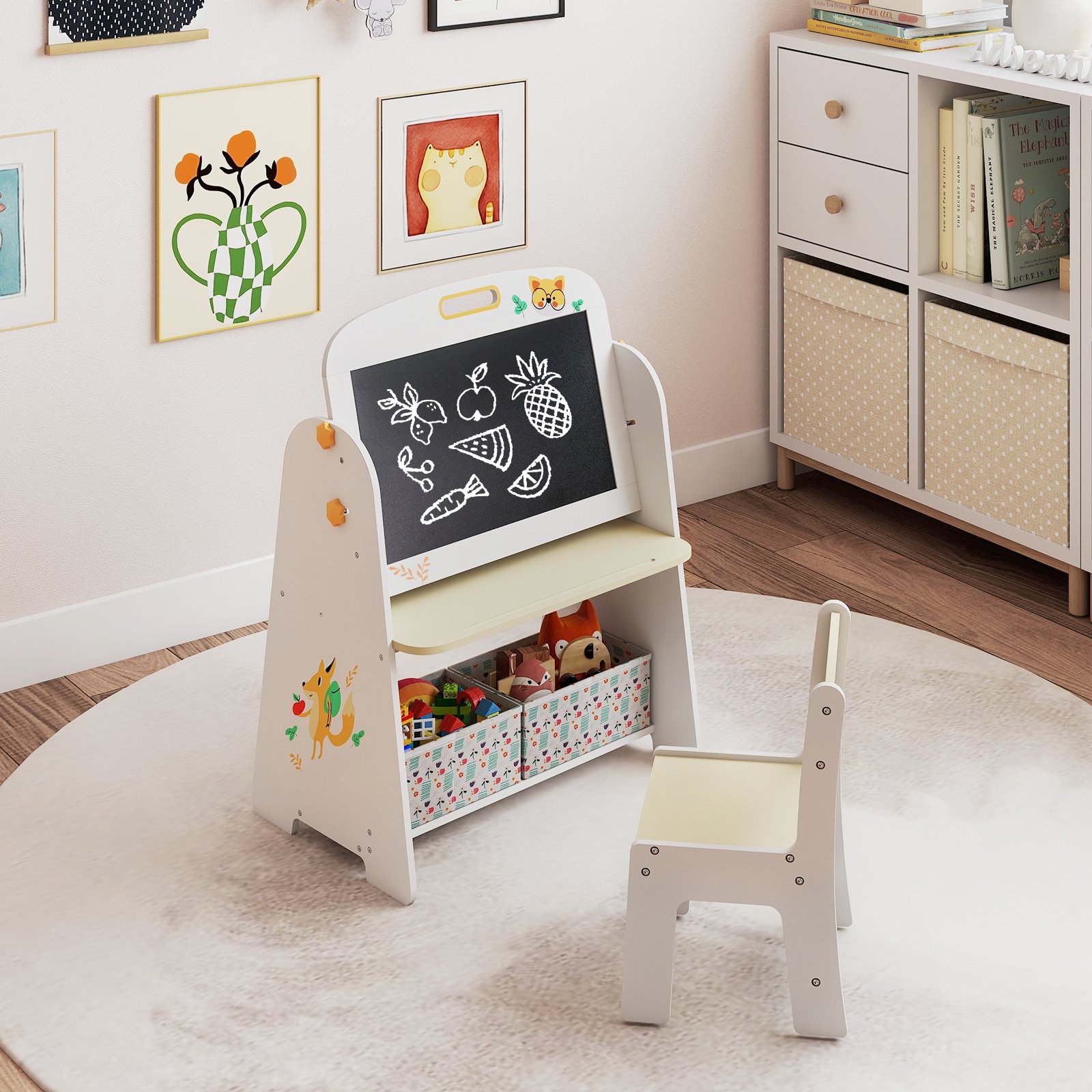 Conjunto infantil de mesa e cadeiras 4 em 1 com cavalete de arte e estante de livros - Cor natural - Image 3