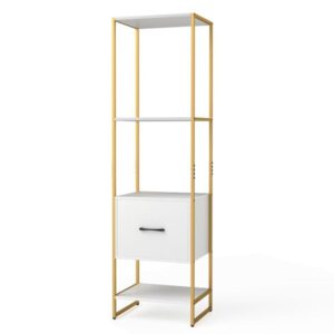 Estante alta e estreita de 5 prateleiras com gavetas - Branca