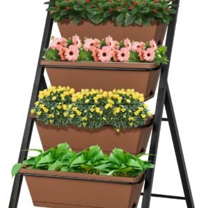 Canteiro vertical elevado de 5 níveis com rodas, com floreiras e jardineiras.