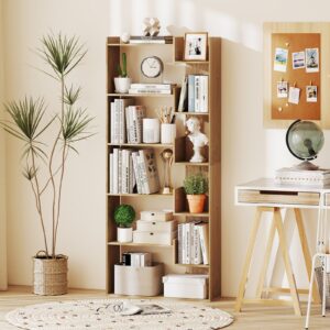 Estante de madeira com 6 prateleiras, 2 kits anti-tombamento, 11 prateleiras abertas, deslizadores práticos e acabamento natural. Móvel decorativo para armazenamento.