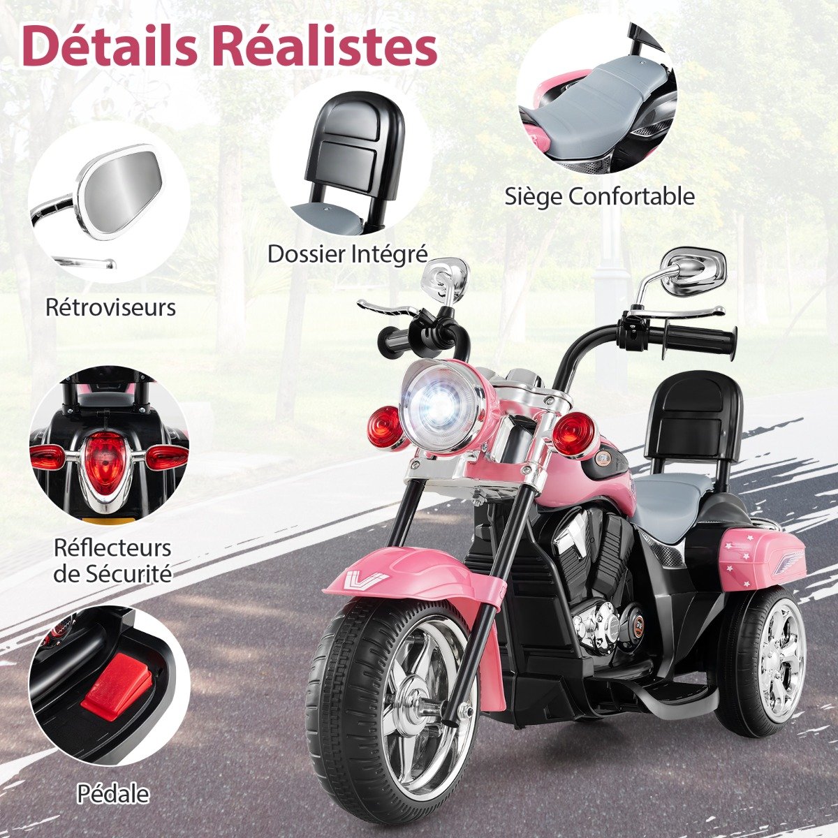 Scooter elétrica infantil de 3 rodas, 6V, 3 km/h, com efeitos sonoros e luminosos, para crianças a partir de 3 anos, estilo chopper, preta e rosa. - Image 3