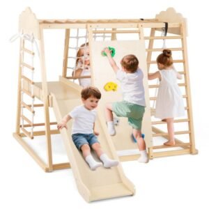 Ginásio de atividades 8 em 1 para interiores com escorregador removível, brinquedos de escalada de madeira para crianças a partir de 3 anos, cor natural.