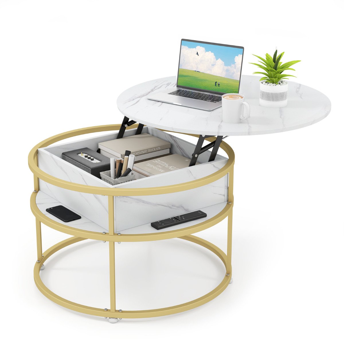 Mesa de centro com tampo elevável de 80 cm, compartimento oculto e prateleiras laterais - Branca