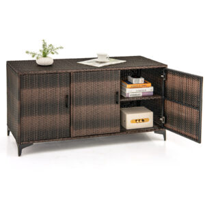 Armário de armazenamento para pátio em vime, 318 L, com prateleiras removíveis - Marrom