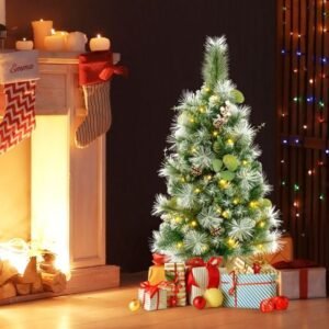 Mini árvore de Natal artificial pré-iluminada de 90 cm com 98 galhos de PVC flocados e agulhas de pinheiro.