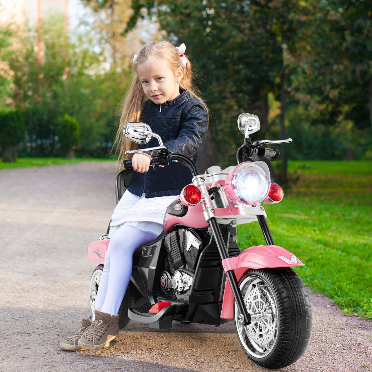 Scooter elétrica infantil de 3 rodas, 6V, 3 km/h, com efeitos sonoros e luminosos, para crianças a partir de 3 anos, estilo chopper, preta e rosa.