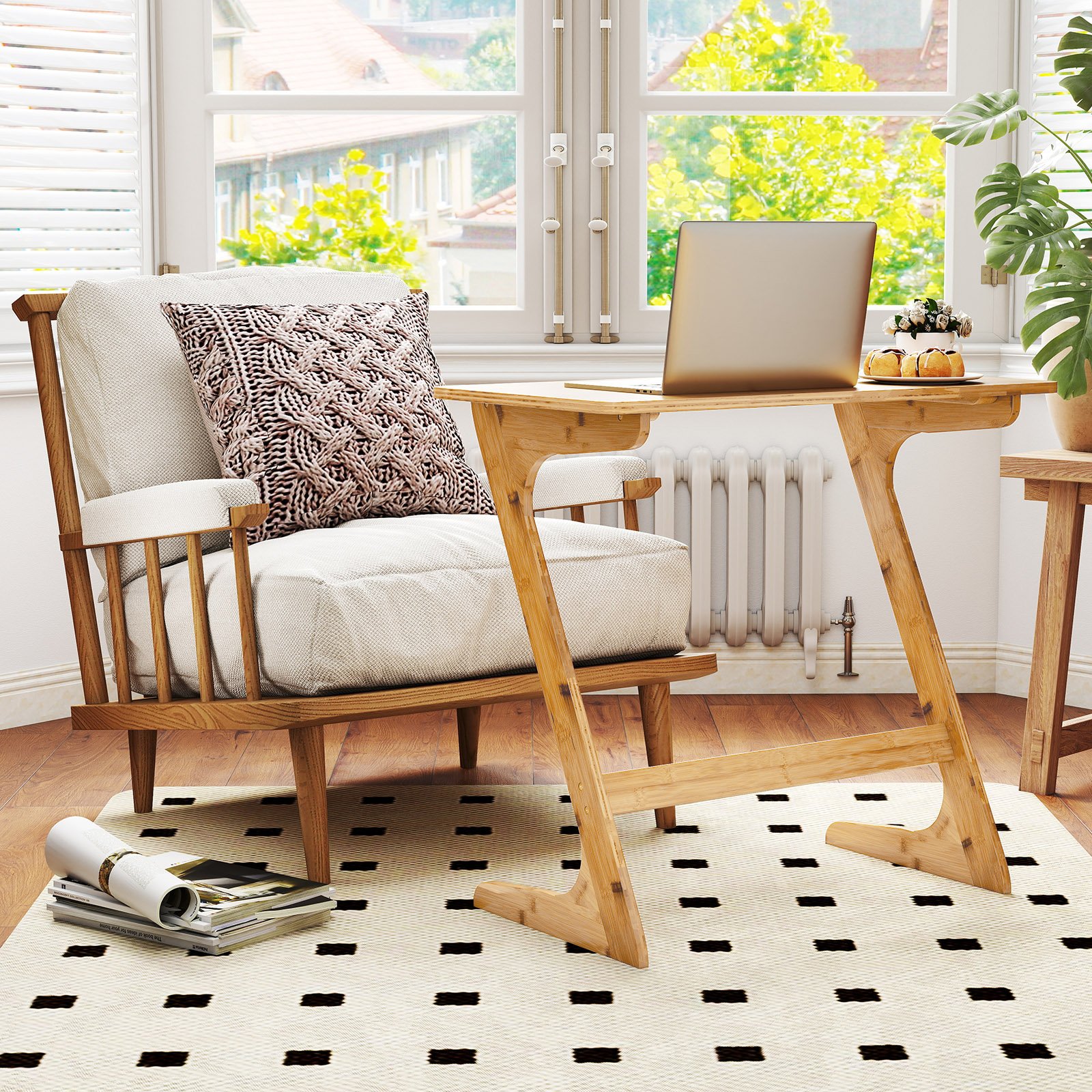 Mesa lateral espaçosa em bambu em formato de Z com tampo que economiza espaço - Cor natural - Image 2