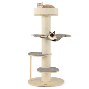 Torre de madeira multinível para gatos com postes de sisal reforçados para arranhar, ideal para gatos de interior - Cinza