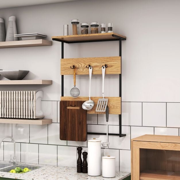 Cabideiro de parede para hall de entrada com 6 ganchos e prateleira expositora - Cor natural - Image 3