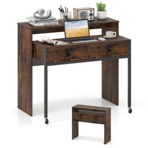 Mesa de computador extensível com 2 gavetas de armazenamento, mesa de escritório conversível para casa - preta